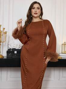 Modelyn Vestido de Body ceñido con mangas globo de estilo retro y cuello redondo, vestido elegante de mujer estilo maxi para otoño/invierno, vestido largo de noche