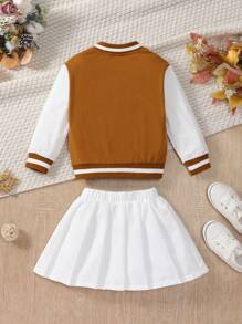 SHEIN Young Girl 2pcs Set: Colorblock Letter & Striped Print Button-Front Long Sleeve Jacket + Solid Color Pleated A-Line Skirt - Brown - View 2