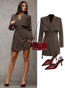 SHEIN BAE 女士春秋休闲纯色翻领裹身西装外套秋季女装冬季女装商务休闲女装商务女装办公室装女教师服 - 咖啡棕 - 查看 6