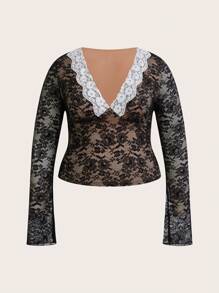 SHEIN ICON Áo thun tay dài cổ chữ V ren chắp vá cỡ lớn cho nữ - Đen và trắng - Xem 1