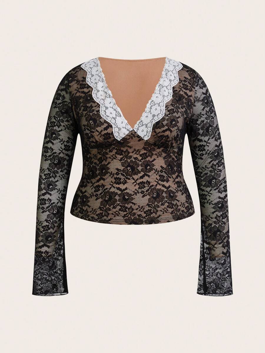 SHEIN ICON Áo thun tay dài cổ chữ V ren chắp vá cỡ lớn cho nữ - Đen và trắng - Xem 1
