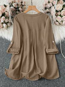 SHEIN Clasi Plus Size Solid Color Button Front Long Sleeve Pocket Decor Casual Blouse Fall Cloth For Women - Khaki - View 2