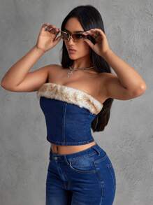 SHEIN EZwear Women Summer Fashionable Everyday Denim Bustier Top With Furry Trim, Slim Fit - Blue - View 4