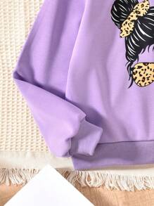 SHEIN Áo nỉ cổ bất đối xứng in hình chân dung thường ngày cho bé gái tuổi teen, mùa thu - Màu tím - Xem 4