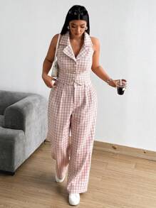 Flirla Plus Size Autumn/Winter Sleeveless Open Front Button Chunky Knit Pinkish White Contrast Color Vest And Pants Casual Work Party Date Elegant Suit Set - Pink - View 5