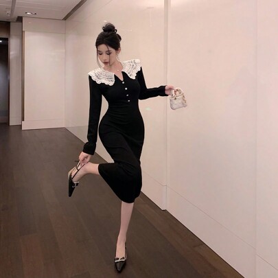 여성 터틀넥 컬러블록 긴팔 핏팅 우아한 스웨터 드레스, 가을/겨울, 새해 전야, 가을 여성 의류