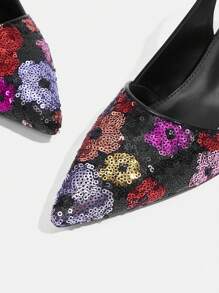 CUCCOO TILAWA 性感时尚黑色亮片尖头低跟休闲露跟女式高跟鞋