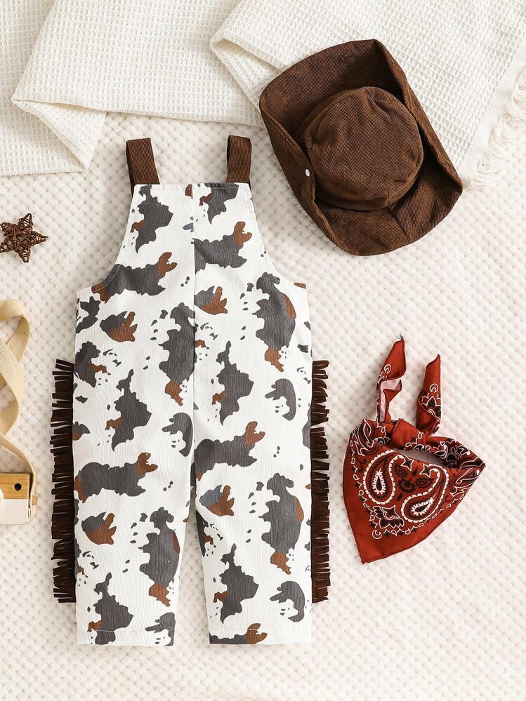 SHEIN Playful Pals Babyjongen 2 stuks Western Style Cowboy Casual, Veelzijdig, Schattig & Western Ranch Patroon Bedrukte Zak Overalls Franje Versierde Jumpsuit En Rode Bandana Zonder Schaduw Western Style Cowboy Hoed Kleding, Babyjongenskleding - Wit - Bekijken 2