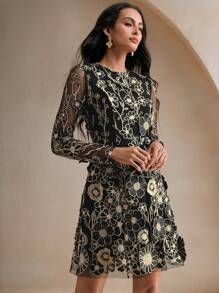 Anewsta Women Floral Embroidered Mesh Round Neck Elegant Long Sleeve Short Mini Dress