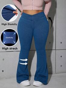 Dripcurv 大码女式蓝色弹力针织牛仔裤，四季皆宜的喇叭牛仔裤，新年服装