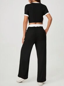 SHEIN PETITE Women's Summer Sexy Color-Blocked Round Neck Short-Sleeved T-Shirt + High-Waisted Lace-Up Trousers Two-Piece Set