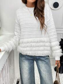 Chiquease Elegant Fluffy Long Sleeve Round Neck Solid Color Sweater For Women, Knit Pullover Fall Winter - White - View 6