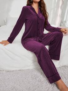 Women Plush Velvet Top And Pants Pajama Set , Fall Winter Clothes - Purple - View 4