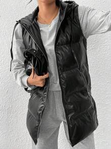 SHEIN Essnce Black Hooded Leather Down& Feathers Jacket With Double Pockets, Zipper, Windproof And Warm, 50% Filled Down& Feathers Down& Feathers Jacket, Side Slits, Metal Buckle, Adjustable Mid-Length Down& Feathers Jacket