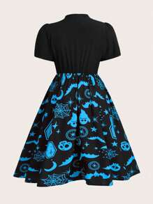 Flirla Váy chữ A tay ngắn buộc nơ họa tiết đầu lâu & dơi in họa tiết Halloween cỡ lớn, trang phục dự tiệc - Nhiều màu - Xem 2