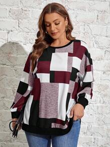 EMERY ROSE Plus Size Women Casual Patchwork Print Drop Shoulder Loose Sweatshirt, Spring/Autumn - Burgundy - View 4