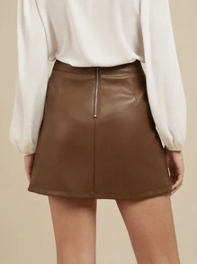 SHEIN Clasi Elegant Women's Brown Metal Button Decoration And Asymmetry In Winter, PU Skirt With Back Zipper - Brown - View 2