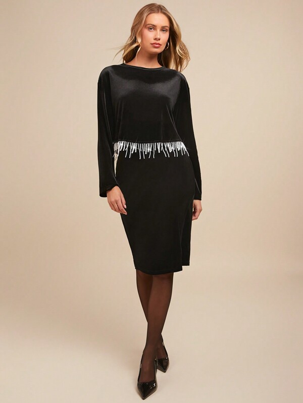 SHEIN Clasi 2pcs Pearl Tassel Party Slit Outfit For Women Christmas