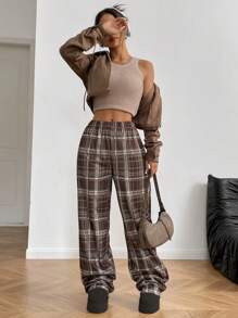 SHEIN Unity 复古休闲宽松踝长撞色格子羊毛运动裤，秋冬