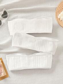 SHEIN 青少年女孩三件套简约舒适加垫罗纹短款上衣套装 - 白色 - 查看 2