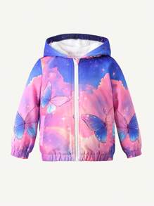 年轻女孩休闲时尚可爱梦幻星星和蝴蝶印花连帽保暖衬里拉链夹克 - 彩色 - 查看 1