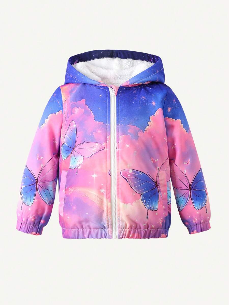年轻女孩休闲时尚可爱梦幻星星和蝴蝶印花连帽保暖衬里拉链夹克 - 彩色 - 查看 1