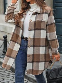 INAWLY Women's Single-Breasted Long Sleeve Plaid Long Loose Chest Pocket Comfortable Fashionable Casual Jacket, Autumn/Winter Fall - Coffee Brown - View 1