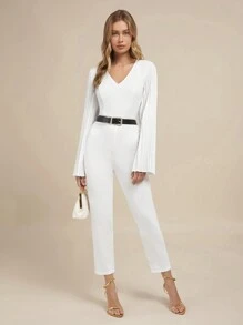SHEIN Clasi 女士优雅 V 领白色长款褶皱喇叭袖连体裤 - 白色 - 查看 4