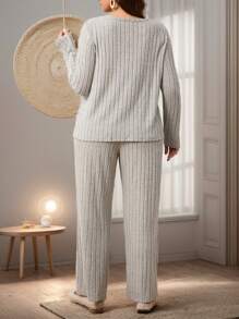 SHEIN LUNE 2 piezas Conjunto de pantalón y blusa de manga larga con botones a presión nervurado, talla grande, de otoño - Albaricoque - Ver 2
