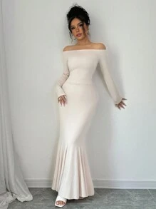 Chiquease 1 件纯色露肩荷叶边鱼尾下摆修身连衣裙，适合女士，秋季长款女装 - 米色 - 查看 4