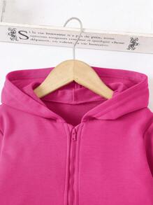SHEIN Young Girl Casual Solid Color Zippered Front Hooded Jacket, Spring/Autumn - Hot Pink - View 3