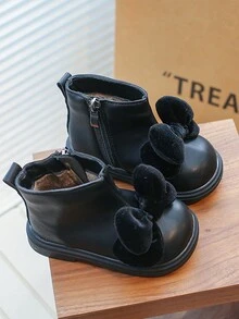 1 双儿童/婴儿蝴蝶装饰舒适保暖平底靴，适合日常外出和户外活动，秋冬季 - 黑色 - 查看 1