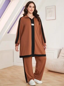 Lacomfia 2pcs Plus Size Casual Color Block Stand Collar Loose Top And Pants Set, Autumn 2 Pieces Set Fall Cloth For Women - Multicolor - View 4