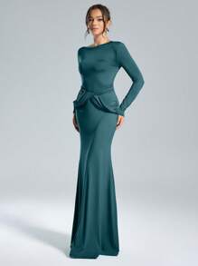 SHEIN Belle Autumn And Winter Women's Banquet Party Fashion Elegant Luxury Stretch Knit Asymmetric Collar Design Tight Waist Pleated Green Dress Formal Dress, Women's Autumn And Winter Formal Evening Dress, Party Banquet Christmas Can Be Worn, Prom Gown, For Wedding Guest, Graduation, Dinner