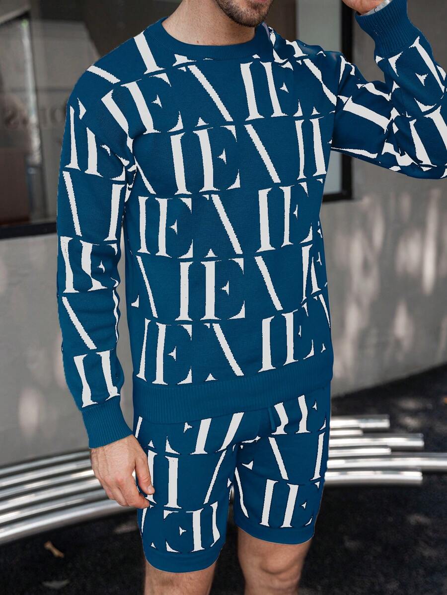 Manfinity Homme Men's Casual Full Print Letter Pattern Drop Shoulder Loose Knit Sweater And Shorts Set - Multicolor - View 1