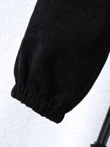 SHEIN 青少年女孩休闲纯色落肩宽松单排扣连帽衫和束腿灯芯绒裤套装，秋冬 - 黑色 - 查看 3
