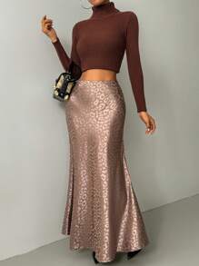 Chiquease Textured Leopard Print Long Mermaid Skirt - Khaki - View 3