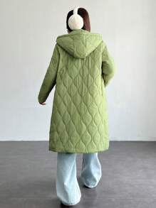 SHEIN PETITE 纯色连帽前拉链绗缝夹克，冬季长袖 - 軍綠色 - 查看 2