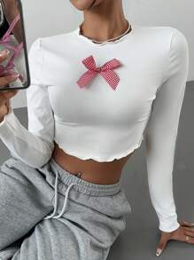 Aloruh Áo thun tay dài ôm sát, họa tiết nơ kẻ caro đỏ phong cách đường phố Mỹ thời trang dành cho nữ, thu đông - trắng - Xem 8