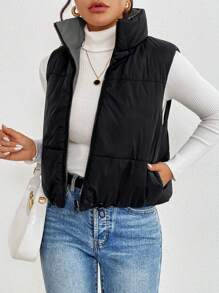 SHEIN Frenchy Women's Solid Color Zip Up Front Sleeveless Casual Padded Coat In Fall/Winter - Grey - View 4