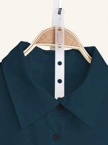 Calvaya Plus Size Solid Color Front Button Ruffle Hem Long Back Short Front Casual Shirt - Teal Blue - View 4