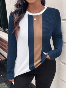 EMERY ROSE 大码女式拼色圆领长袖休闲 T 恤，春夏冬装 - 藏蓝色 - 查看 7