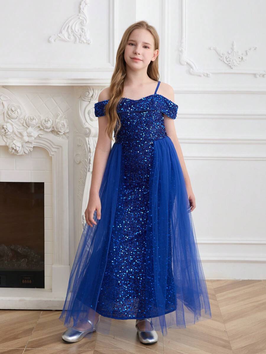 SHEIN 优雅蓝色细肩带连衣裙，适合少女穿着，无袖长款正式礼服，适合晚会、万圣节、圣诞节、生日、节日等场合 - 藍色 - 查看 1