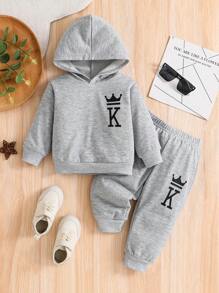 幼儿婴儿男童服装 KING 徽标字母图案休闲运动长袖连帽衫和运动裤儿童秋冬 2 件套服装套装 - 灰色 - 查看 1