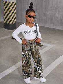 Sparklyn Dziewczyny Tween Trendy Y2K Casual Uniwersalne Spodnie Jeansowe Z Szerokimi Nogawkami W Kamuflażu, Nadające Się Do Codziennego Noszenia