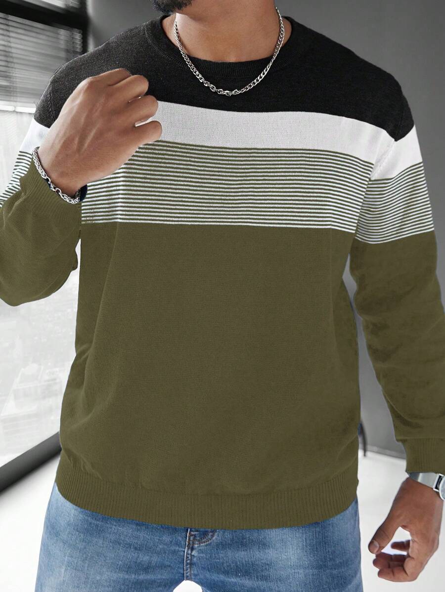 Manfinity Homme Áo len chui đầu rộng rãi họa tiết sọc tương phản thường ngày cho nam - Nhiều màu - Xem 1