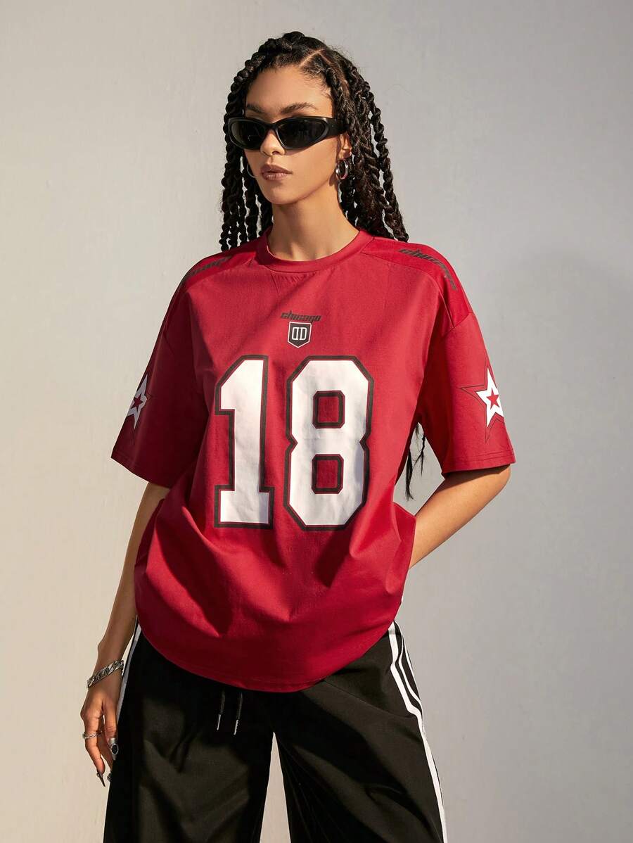 SHEIN EZwear Women's Streetwear Sportswear Athleisure Blokecore  Red Number Letter Print Tee - Red - View 1