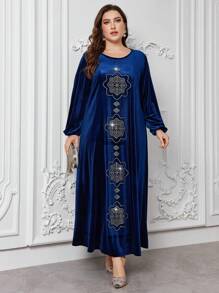 SHEIN Najma Hot Diamond Long-Sleeved Gorgeous Velvet Solid Color Plus Size Arabian Robe - Navy Blue - View 6