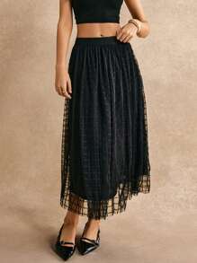 Poéselle Scallop Waistband Geo Mesh Overlay Skirt - Black - View 6