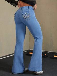 SHEIN ICON Cross Embroidered Washed Flared Leg Jeans, Casual & Versatile, Suitable For Spring & Autumn